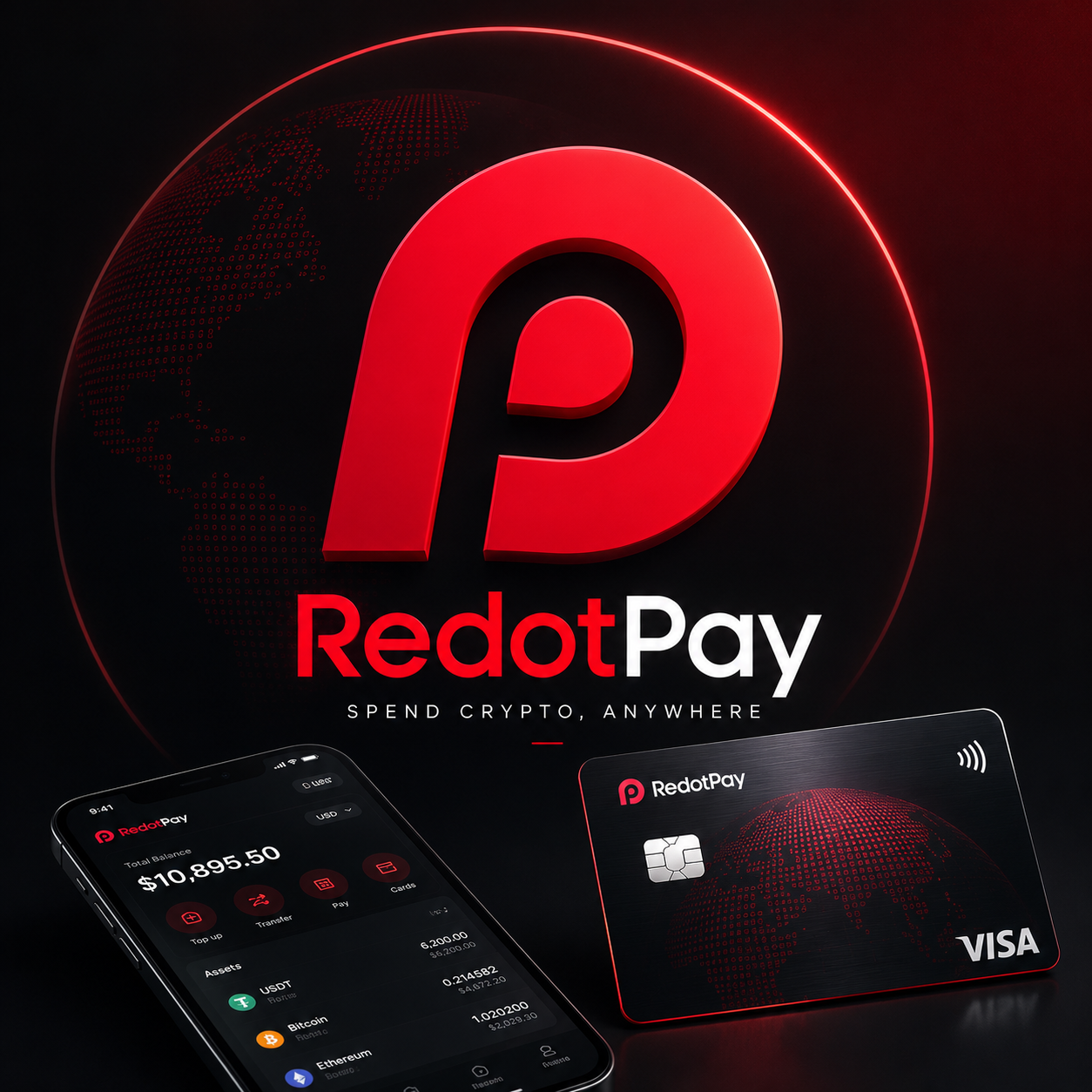 RedotPay app and card against a global network backdrop